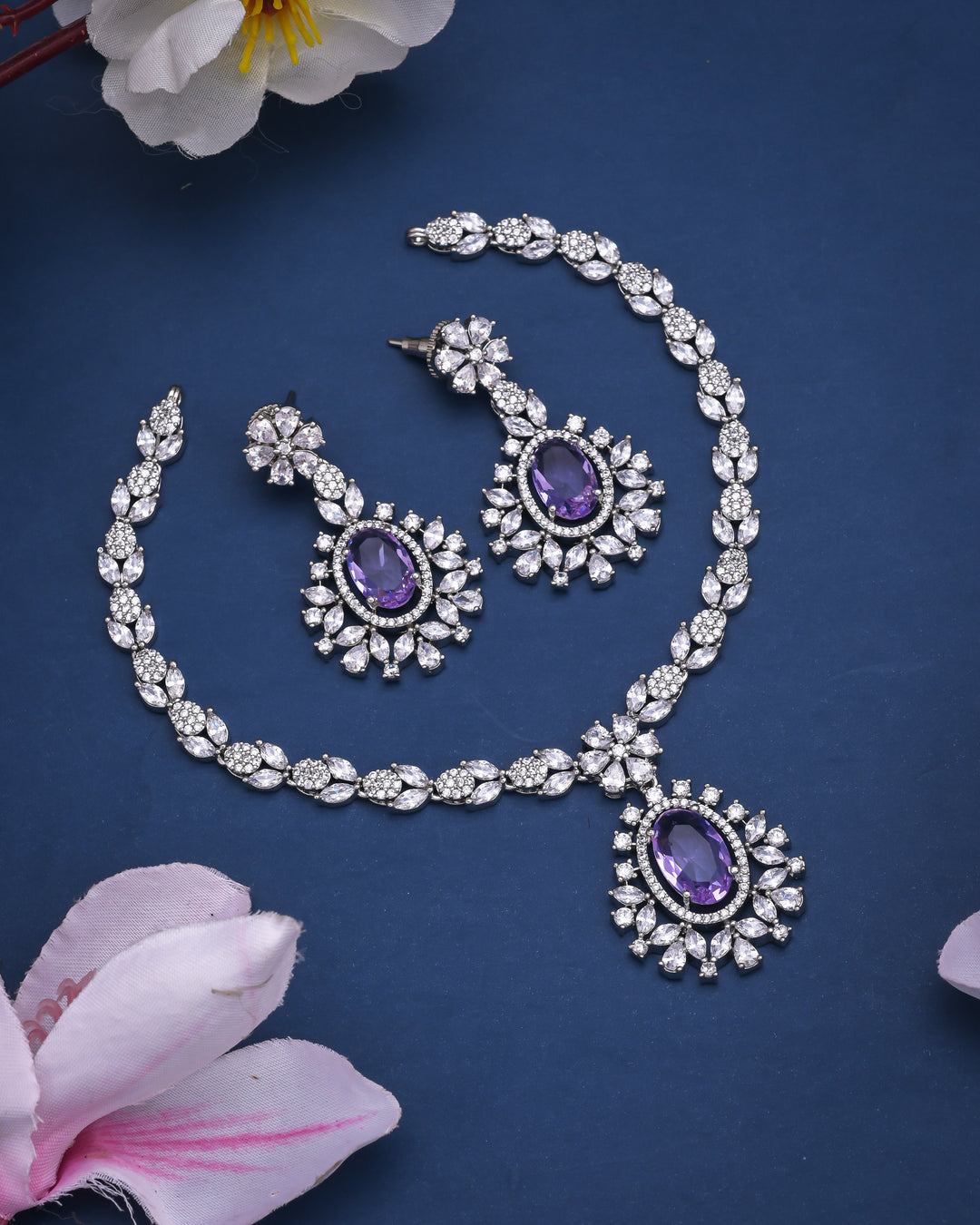 Amethyst Bloom Princess Silver Necklace Set-JRNKL5027