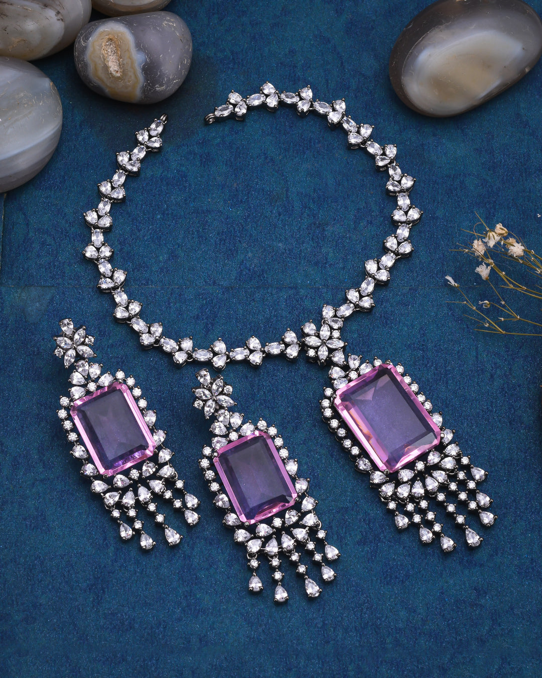 Pink Amethyst Radiance Silver Necklace Set-JRNKL5031