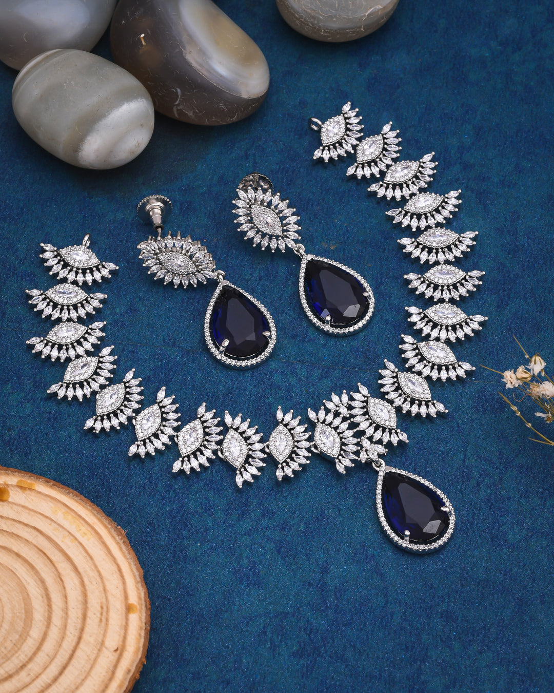 Sapphire Elegance Silver Necklace Set-JRNKL5037