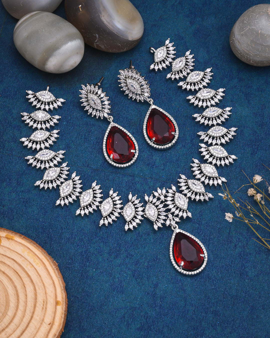 Crimson Splendor Silver Necklace Set-JRNKL5038