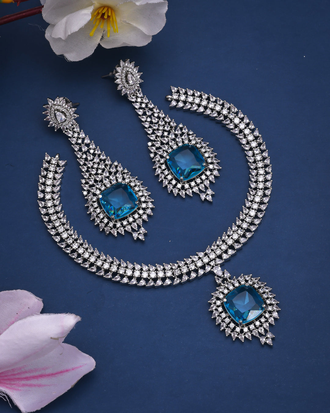 Blue Quartz Splendor Silver Necklace Set-JRNKL5042