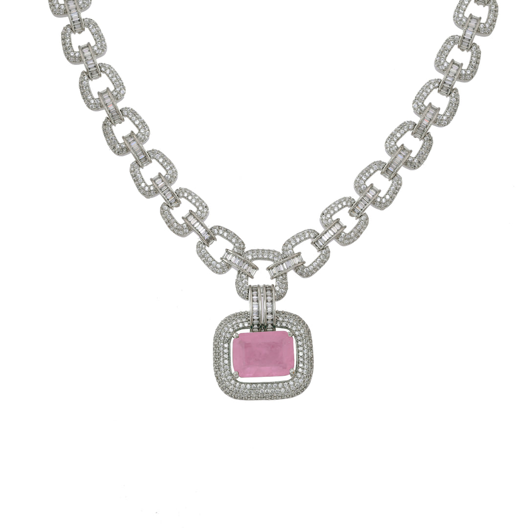 Pink Calcedony Radiance Silver Necklace Set-JRNKL5045