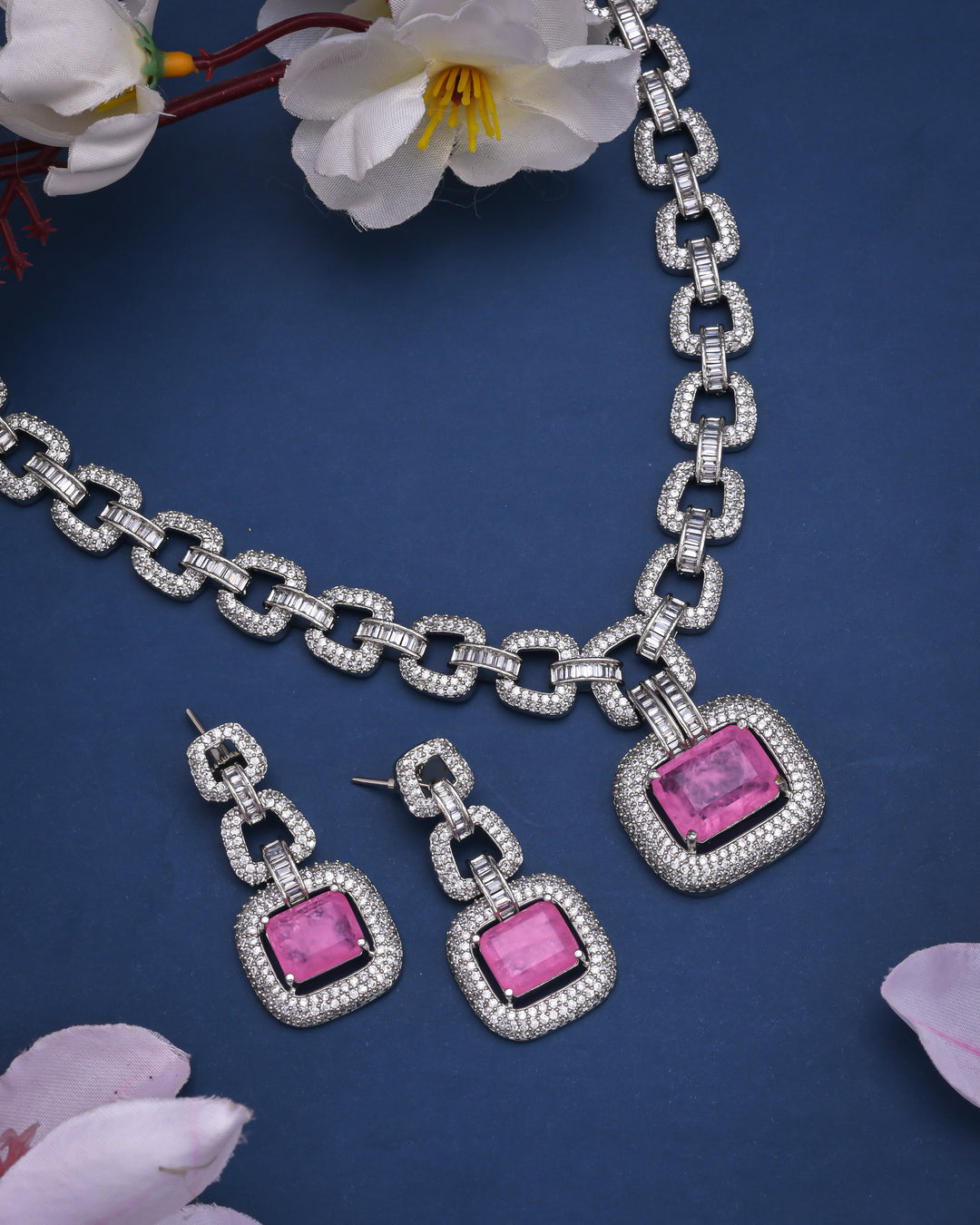 Pink Calcedony Radiance Silver Necklace Set-JRNKL5045