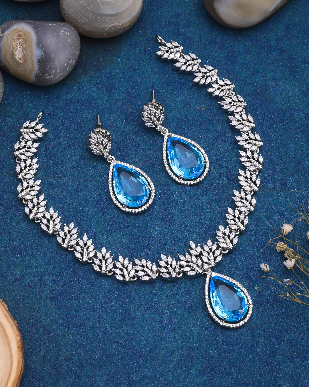 Azure Elegance Statement Blue Topaz Silver Necklace Set-JRNKL5003