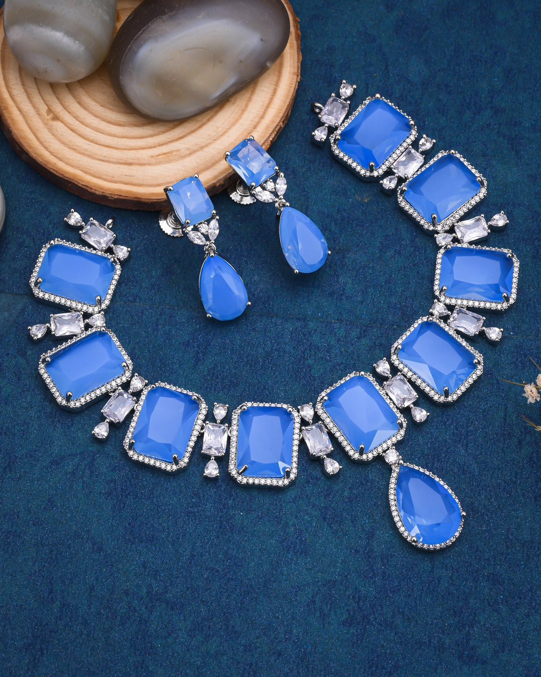 Azure Elegance Blue Calcedony Silver Necklace Set-JRNKL5008